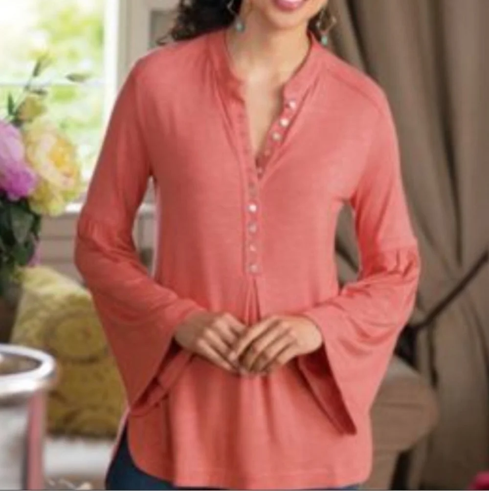 Soft Surroundings Campana Blouse size Large Pink Bell Sleeve Oversized Relaxed - Picture 2 of 6